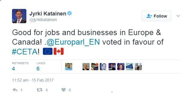 Jyrki Katainen tweets: Good for jobs and businesses in Europe and Canada! @Europarl_EN voted in favour of #CETA!"