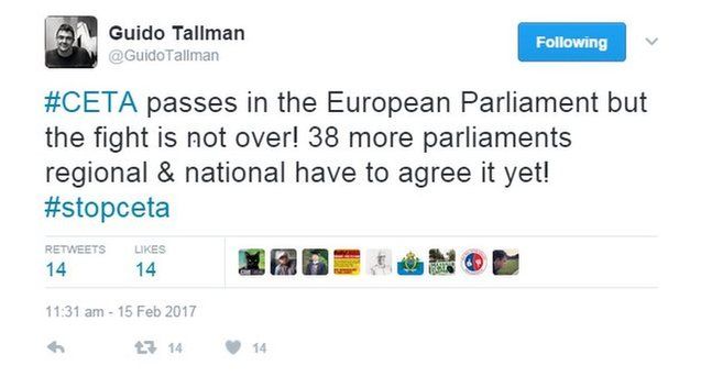 Guido Tallman tweets: "#CETA passes in the European Parliament but the fight is not over! 38 parliaments regional & national have to agree it yet! #stopceta"