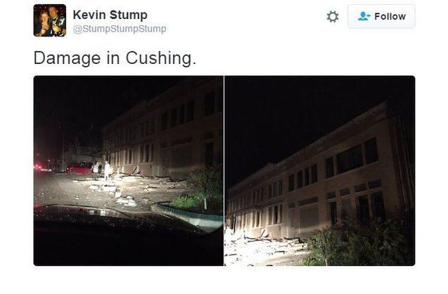 Twitter user Kevin Stump (@StumpStumpStump) posts pictures of damage to buildings following an earthquake in Cushing, Oklahoma