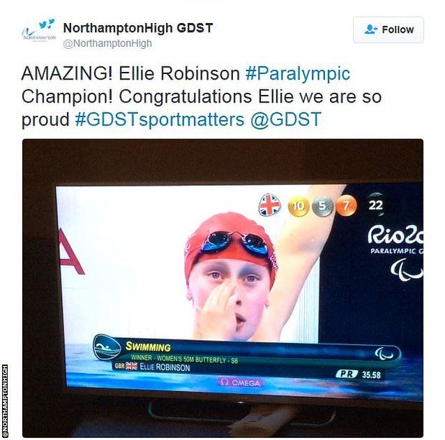 A tweet from Ellie Robinson's school, who screened her race at school to allow pupils to watch their classmate
