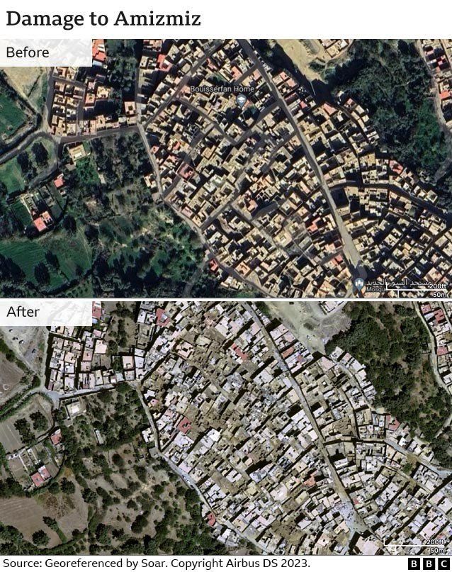 A split image showing a satellite view of the before and after damage to village