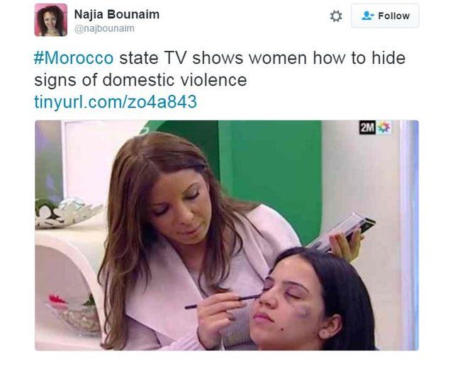 Najia Bounaim of Amnesty International tweeted a still image of from the broadcast on Moroccan TV of a make-up artist covering signs of domestic violence