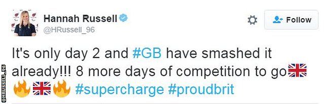 A tweet from swimmer Hannah Russell about Great Britain's dominance on day two
