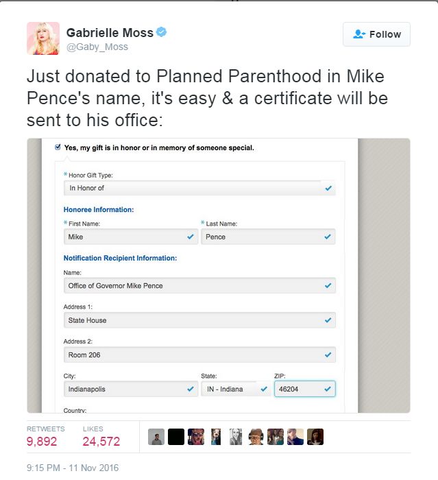 Message on Twitter saying "Just donated to Planned Parenthood in Mike Pence's name.