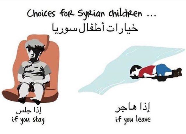 Cartoon comparing fate of Alan Kurdi who left Syria to Omran Daqneesh who stayed