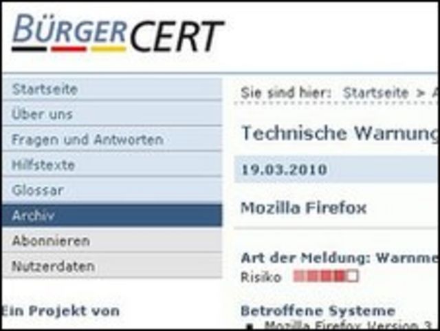 التحذي من تسخة فايرفوكس 3.6.2 على موقع الهيئة الالمانية الرسمية لسلامة الانترنت