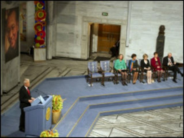 諾貝爾和平獎委員會主席亞格蘭德在周五的頒獎儀式上