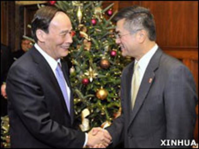 中國副總理王岐山與美國商務部部長駱家輝在會談前握手（14/12/2010）