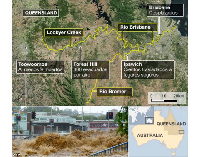 Mapa de las inundaciones en Australia