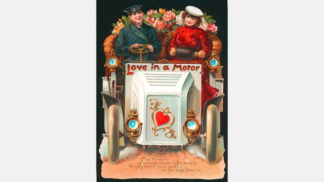 “Amor en Movimiento”, litografía que aludía a la popularidad de los recién aparecidos autos, alrededor de 1900. Cortesía: Nancy Rosin. 