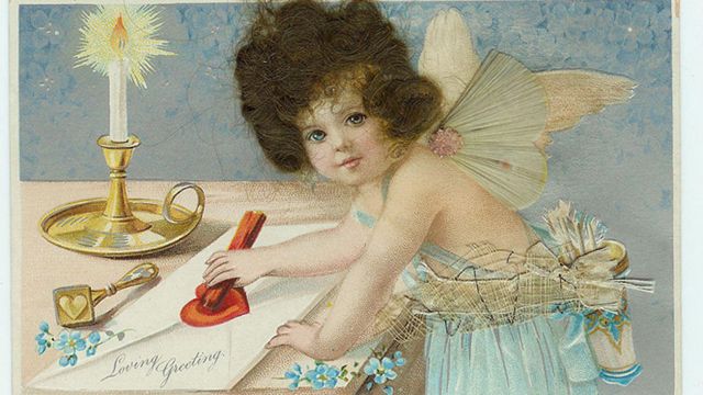 Postal de querubín, litografía con cabellos reales, alrededor de 1910. Cortesía: Nancy Rosin.