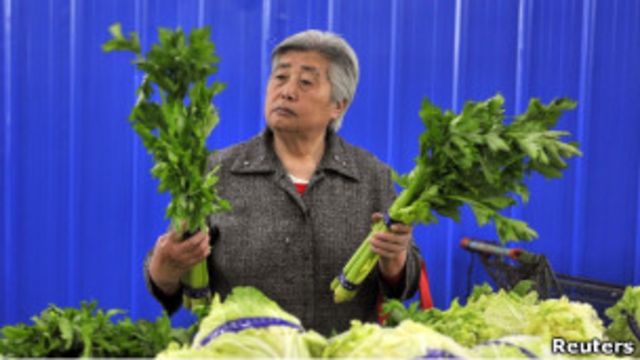 瀋陽一個菜市場內一名顧客挑揀芹菜(11/05/2011)