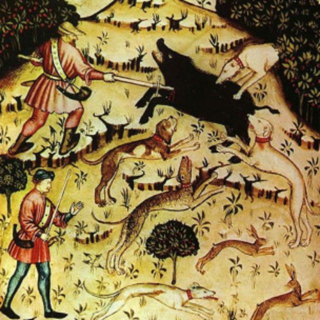 Ilustración de cazadores de jabali