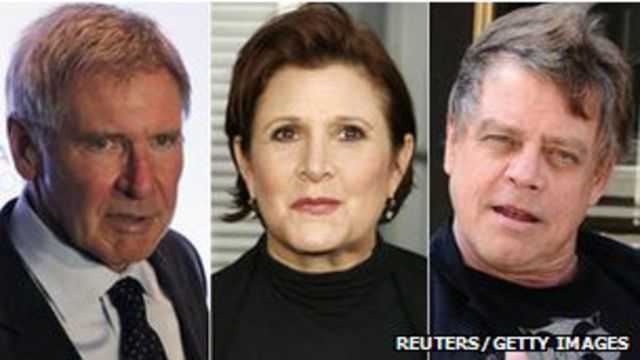 Актеры Марк Хамилл, Кэрри Фишер и Харрисон Форд