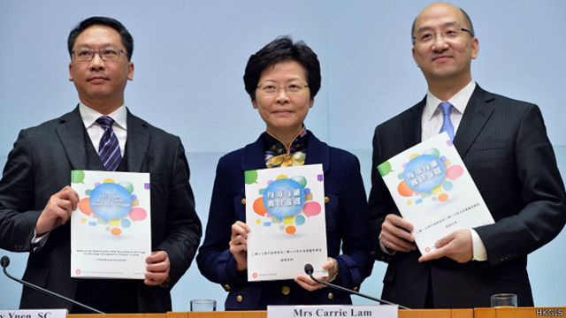 香港政務司司長林鄭月娥（中）與官員展示第一階段政改諮詢文件（香港政府新聞處圖片4/12/2013）