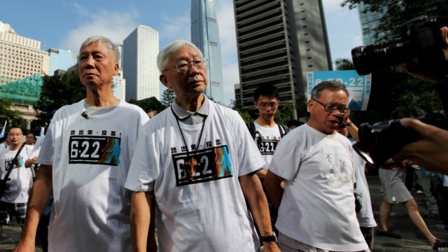 一連七天的「毅行爭普選」活動在香港中環遮打花園起步（BBC中文網照片，14/06/2014）