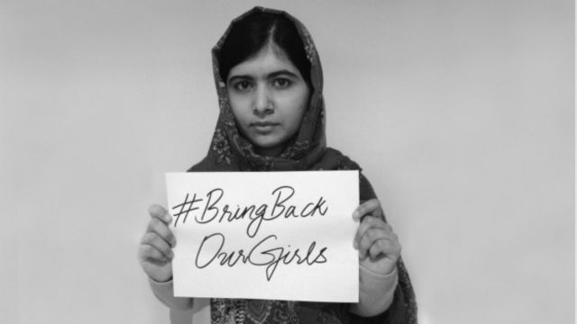Mai fafutukar kare 'yancin Ilmin mata Malala Yousafzai wadda ta tsira daga harbin da 'yan Taliban suka yi mata saboda ta na da'awar cigaban Ilmi ta bi sahun maudu'in #Bringbackourgirls.
