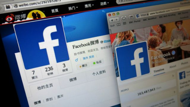 新浪微博上的“Facebook公司”账号（左）与Facebook官方页面（BBC中文网图片7/9/2014）