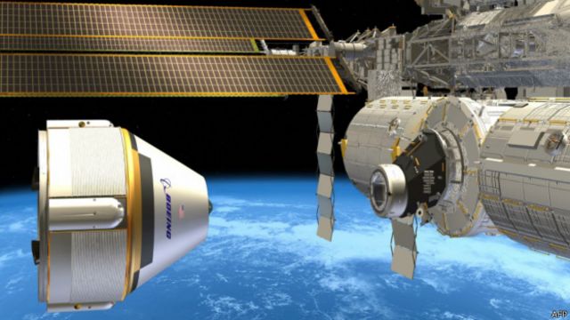 Illustration of Boeing's CST-100 spacecraft next to the International Space Station
