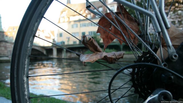 Neriman Neyren Elden Fransa'nın Strasbourg şehrinde yakaladığı kare için "İlk düşen sonbahar yaprakları bisikletleri süslüyor" diyor. 

