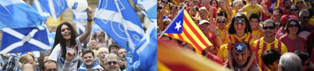 Partidarios de la consulta soberanista en Cataluña y de la independencia escocesa