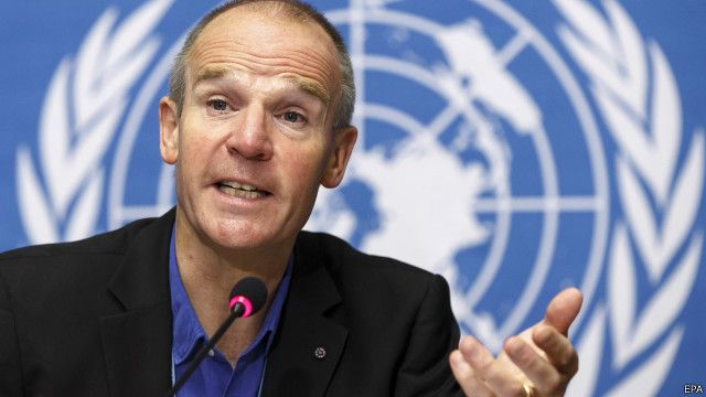 Christopher Dye, directeur de la stratégie à l'OMS, lors d'une conférence de presse à Genève en Suisse, le 22 September 2014.