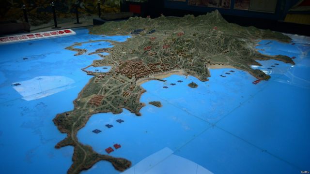 山東青島陳列的第一次世界大戰青島戰役沙盤演示圖