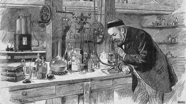 Louis Pasteur en su laboratorio - grabado