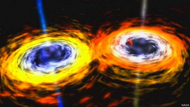 Ilustración de colisión de dos agujeros negros