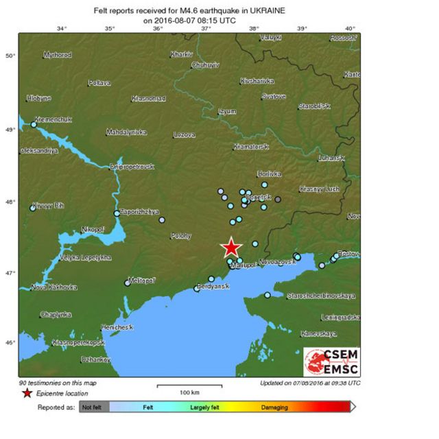 Мапа з позначеннями місць, де відчували поштовхи