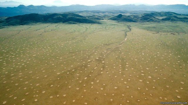 Fairy Circles adalah jutaan bercak berbentuk bundar dengan pola sarang lebah di sepanjang padang pasir Namibia (sumber foto: mysteriousearth.net)
