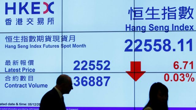 香港交易所內顯示恆生指數報價（5/12/2016·）