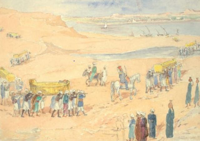 لوحة مرسومة بالألوان المائية لنقل المومياوات عبر النيل