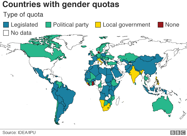 World map showing countries with political quotas in 2018