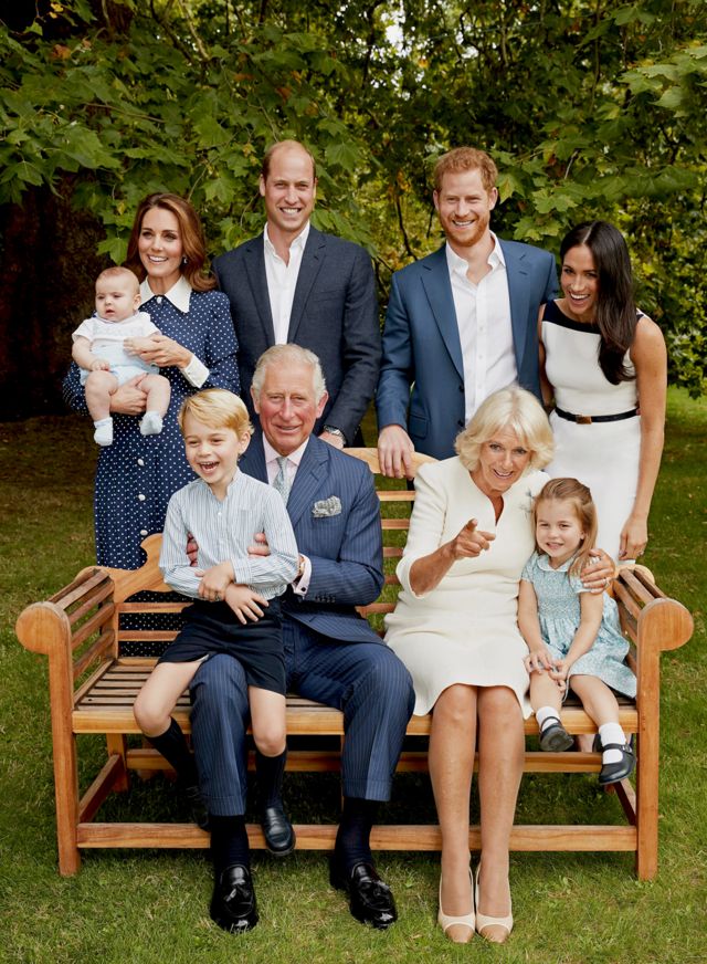 HRH Prince Charles Prince of Wales poses for an official portrait to mark his 70th Birthday in the gardens of Clarence House, with Their Royal Highnesses Camilla Duchess of Cornwall, Prince William Duke of Cambridge, Catherine Duchess of Cambridge, Prince George, Princess Charlotte, Prince Louis, Prince Harry Duke of Sussex and Meghan Duchess of Sussex, on September 5, 2018 in London, England.