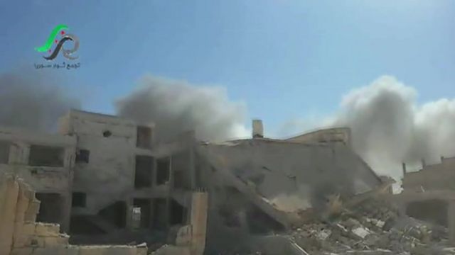 Screengrab from video posted online by opposition activist purportedly showing aftermath of Russian air strikes in Talbiseh, Homs province, Syria (30 September 2015)