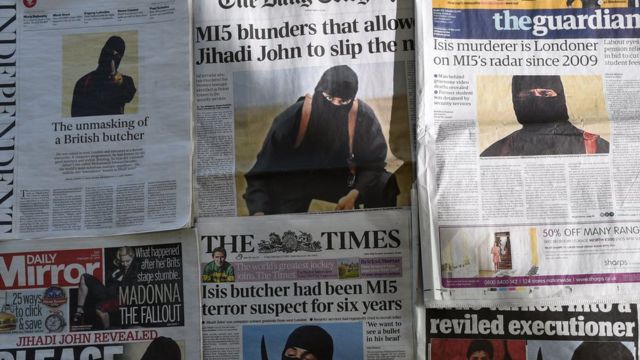 صحف بريطانية عليها صورة الجهادي جون، أحد أفراد تنظيم الدولة الإسلامية