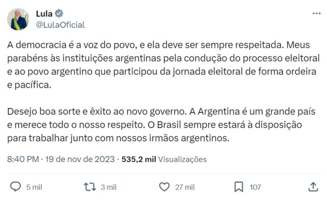 Tuíte de Lula sobre vitória de Milei