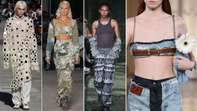 Imagen compuesta de modelos con trajes diseñados por Stella McCartney, Who Decides War, Eckhaus Latta y Andersson Bell.