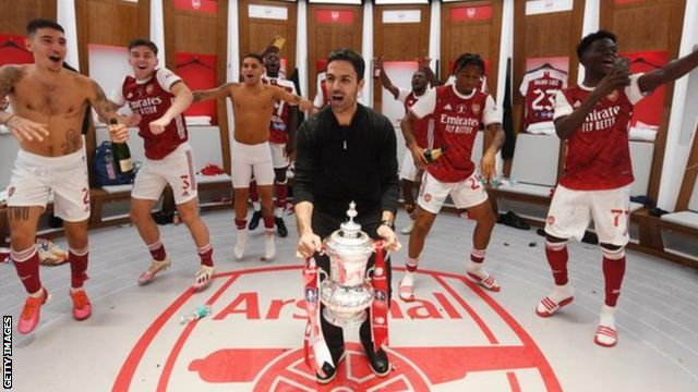 Arsenal boss Mikel Arteta celebrates after winning the FA Cup