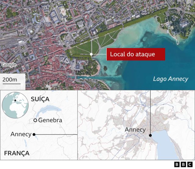 Mapa mostra local do ataque em Annecy, na Fran&ccedil;a