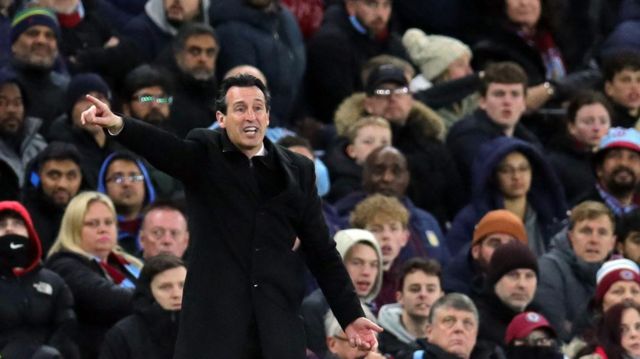 Aston Villa's Unai Emery gestures during their Premier League game against Chelsea