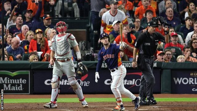 Houston Astros Alex Bregman at bat against Phillies in Game 3 of the 2022  World Series