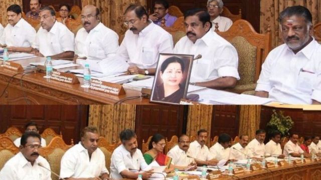 ifoto y'umushikiranganji wa mbere Jayaram Jayalalitha iri imbere mu nama nshikiranganji