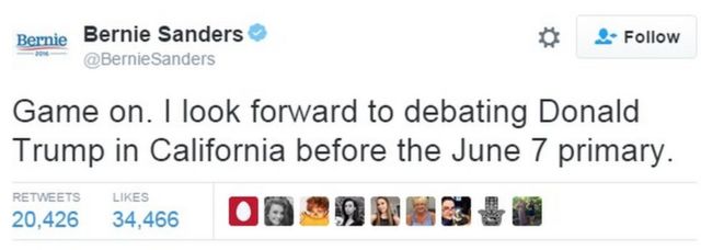 サンダース氏は「よし、やろう。6月7日の予備選の前にカリフォルニアでドナルド・トランプと討論するのを楽しみにしている」とツイートした