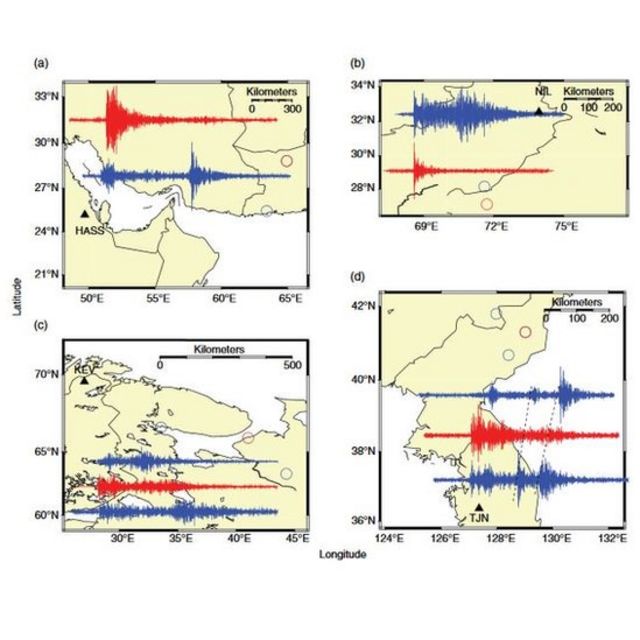 Gráficos que muestran la diferencia entre las ondas causadas por una explosión y las causadas por un terremoto.