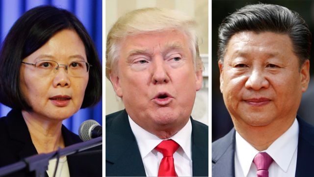 台湾总统蔡英文(左)、美国候任总统特朗普(中)、中国国家主席习近平(右)