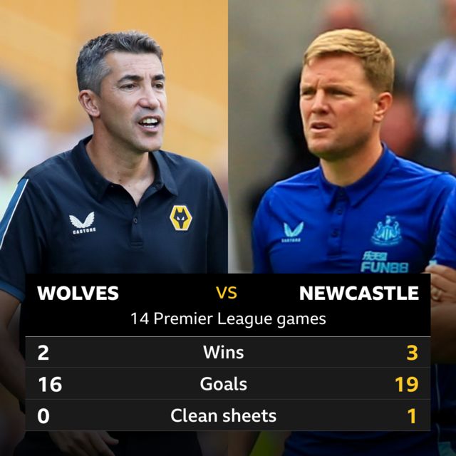 Wolves v Newcastle 14 Premier League games - Wolves 2 wins, 16 goals, 0 clean sheets; Newcastle 3 wins, 19 goals and 1 clean sheet