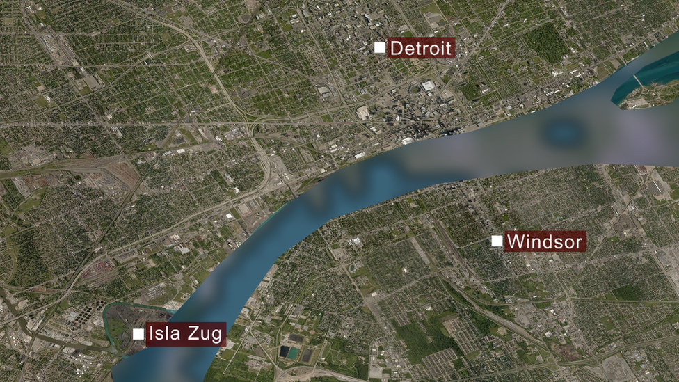 Un mapa de Windsor, Detroit y la isla Zug