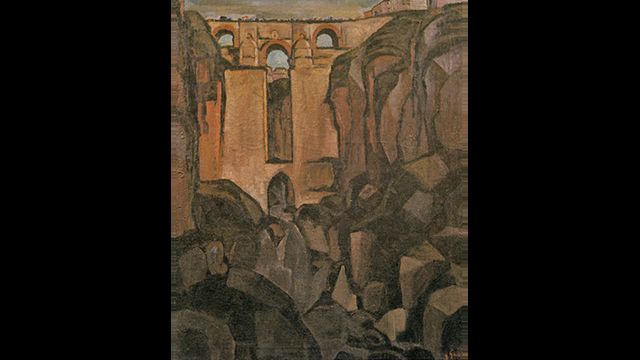 Quadro do pintor John Graz reproduz a visão de um arqueduto romano em meio a uma estrutra rochosa na Espanha